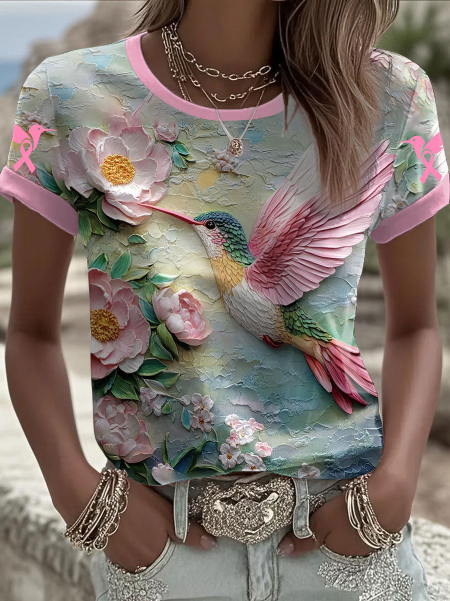 Women's Breast Cancer Awareness Pink Hummingbird Print T-Shirt