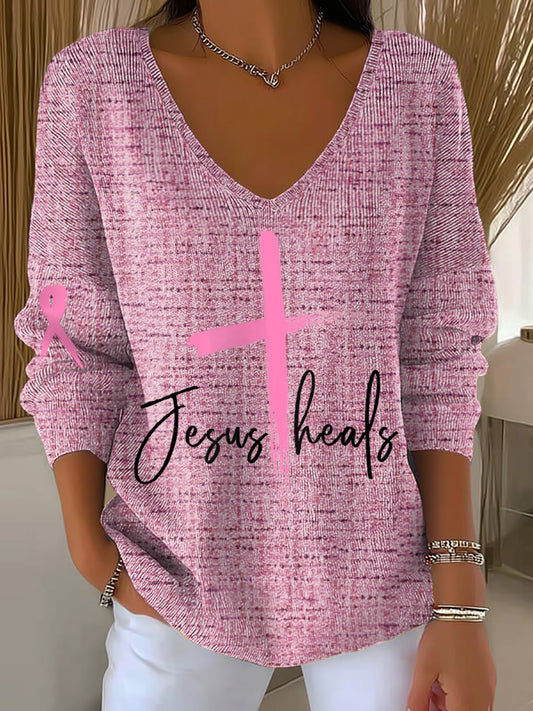 Women's Breast Cancer Awareness V-Neck Ribbed Top