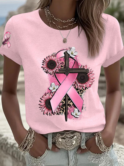 Women's Breast Cancer Awareness Pink Ribbon Short Sleeve T-shirt