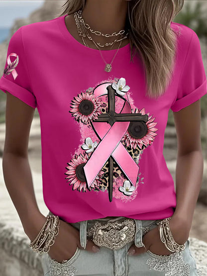 Women's Breast Cancer Awareness Pink Ribbon Short Sleeve T-shirt