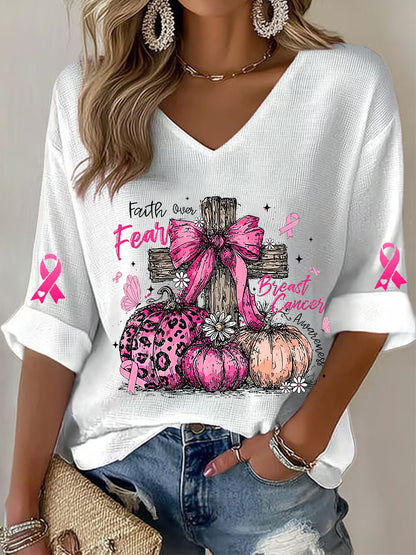 Women's Breast Cancer Awareness Pink Ribbon Waffle T-shirt