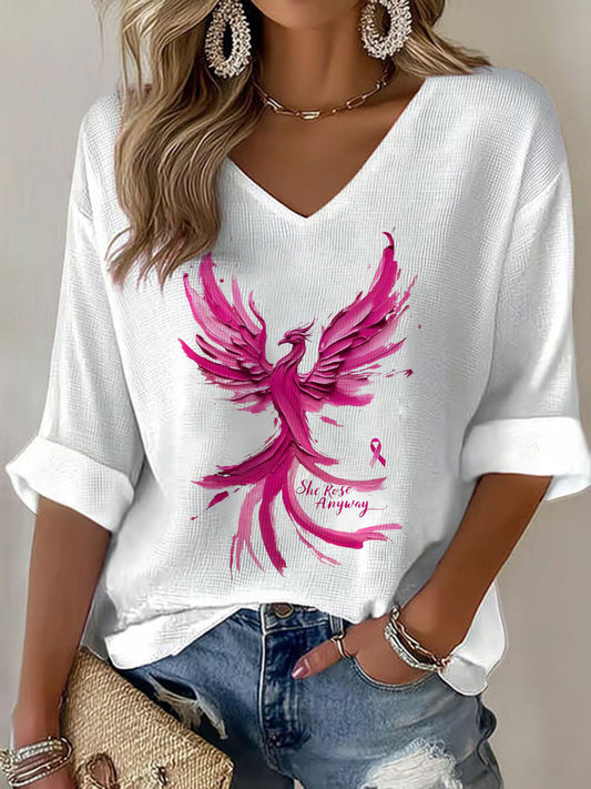 Women's Breast Cancer Awareness Pink Phoenix V-Neck Waffle Top