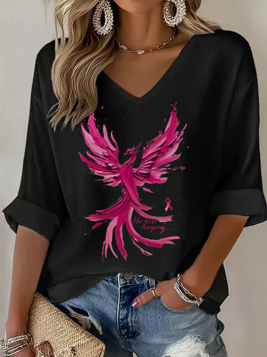 Women's Breast Cancer Awareness Pink Phoenix V-Neck Waffle Top