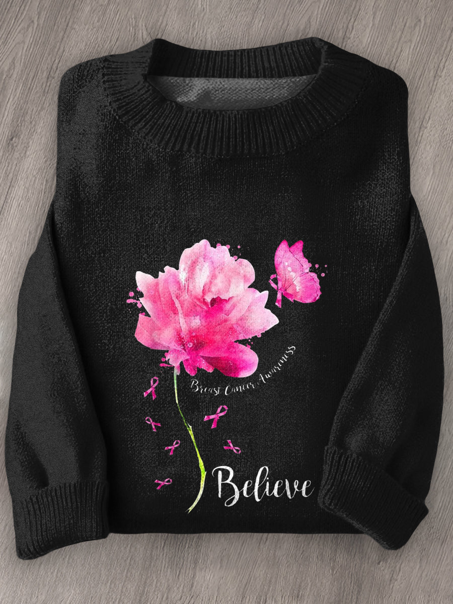 Women's Breast Cancer Awareness Long Sleeve Knit Sweater