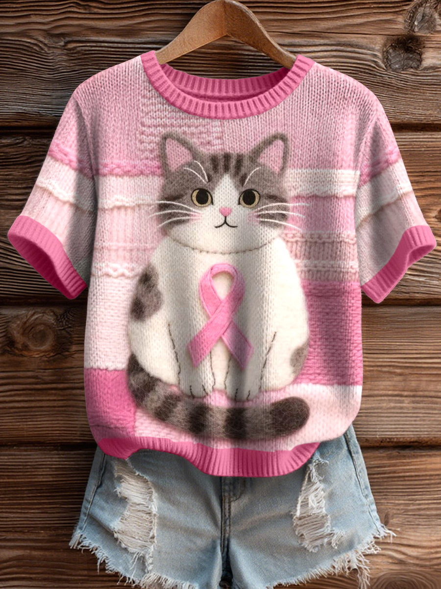 Women's Breast Cancer Awareness Inspired Cat Felt Art Knit Top