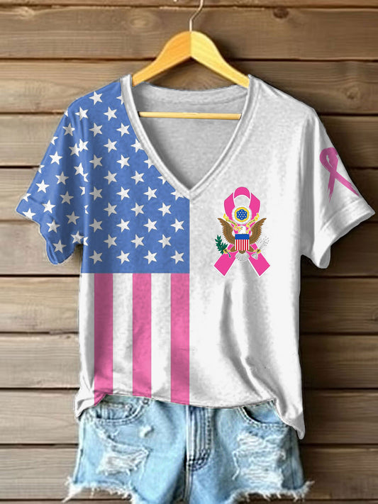 Women's Breast Cancer Awareness US Flag Print T-shirt