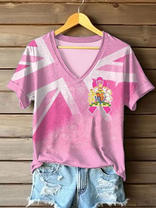 Women's Breast Cancer Awareness UK Flag Print T-shirt