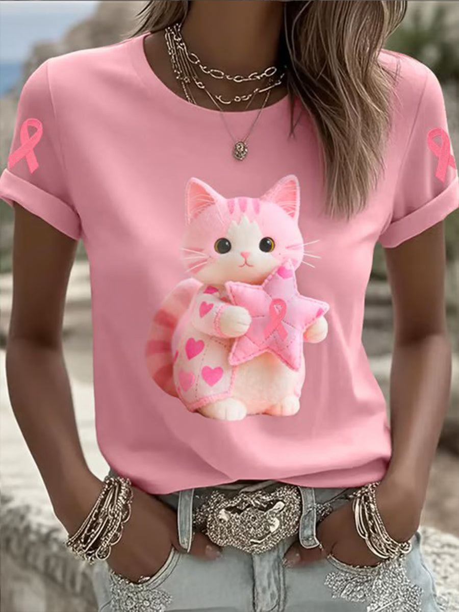 Women's Breast Cancer Awareness Cat Short-sleeved T-shirt
