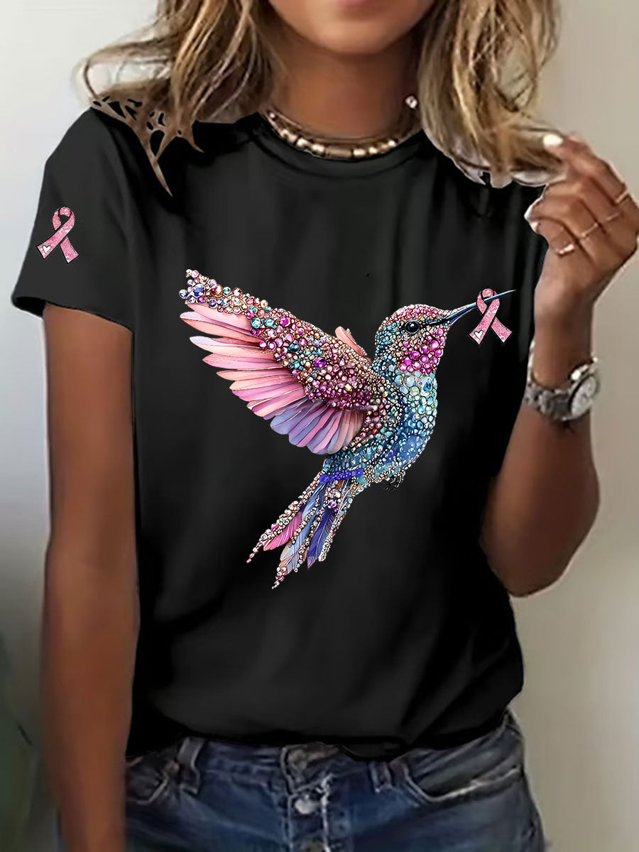 Women's Breast Cancer Awareness Hummingbird Print Casual T-Shirt