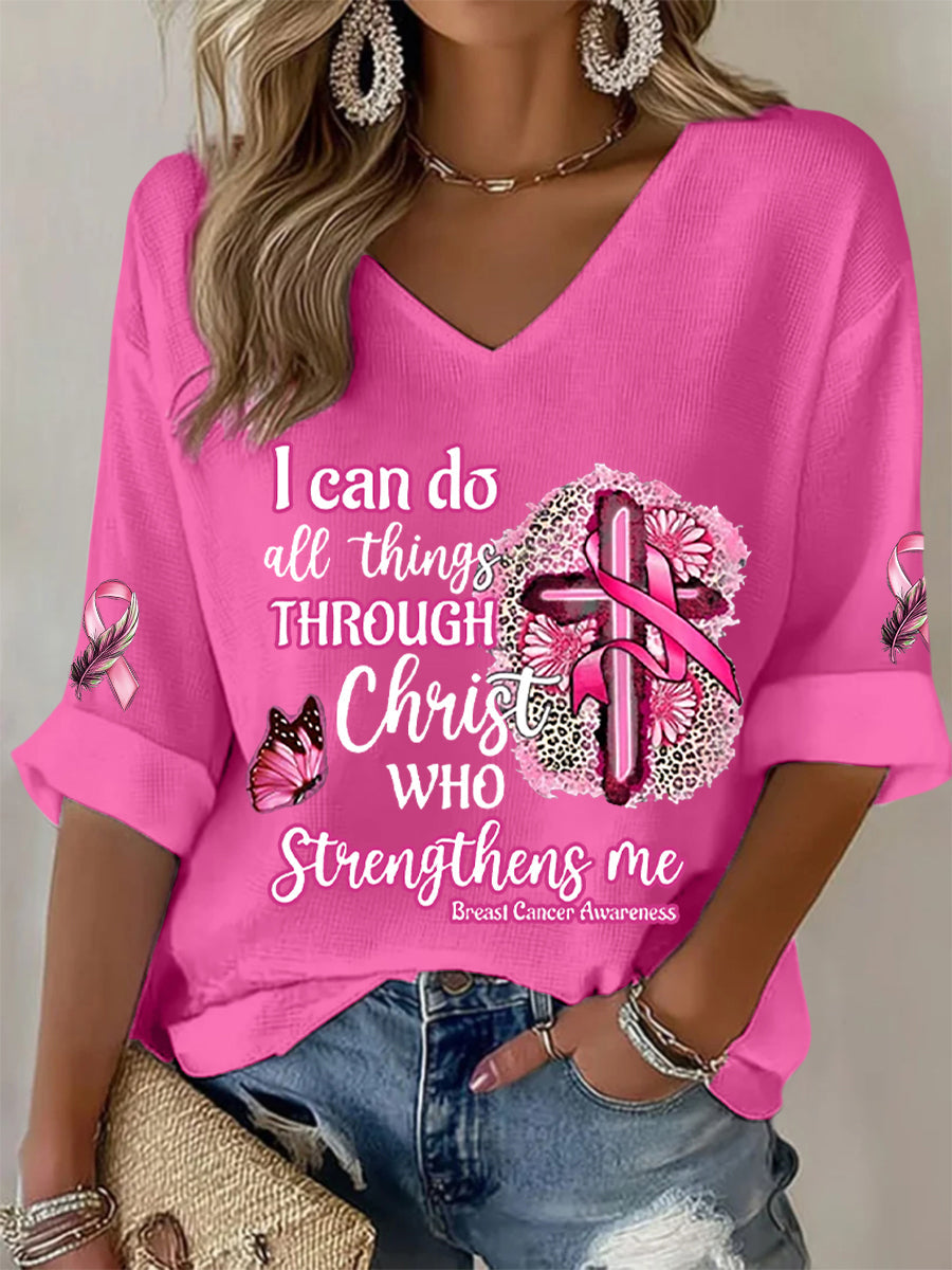 Women's Breast Cancer Awareness I Can Do All Things Through Christ Pink Ribbon Waffle T-shirt