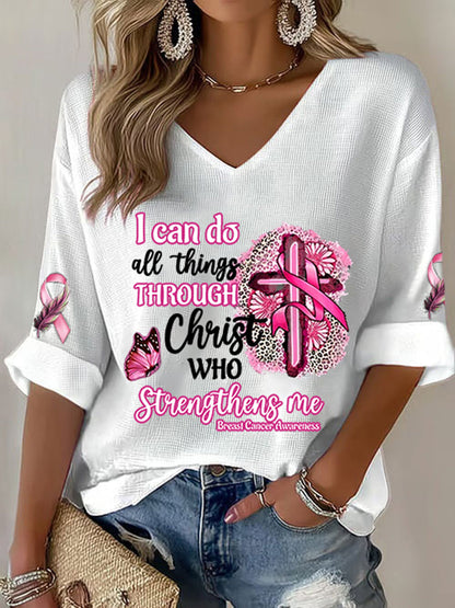 Women's Breast Cancer Awareness I Can Do All Things Through Christ Pink Ribbon Waffle T-shirt