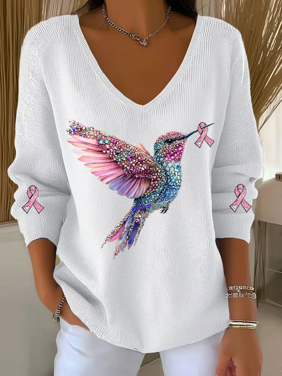 Women's Breast Cancer Awareness Hummingbird Print Casual Top