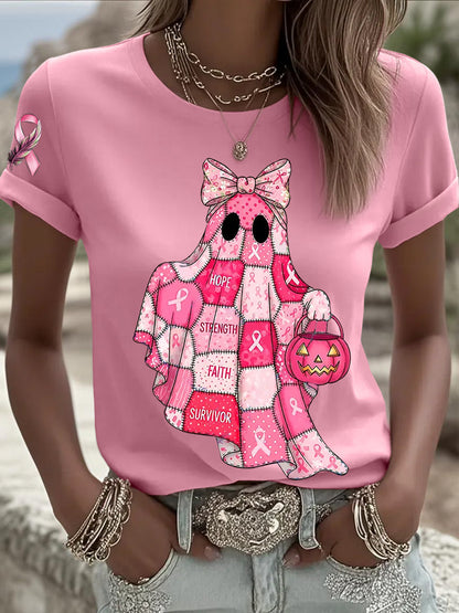 Women's Breast Cancer Awareness In October We Wear Pink Ghost Pink Ribbon Short Sleeve T-shirt