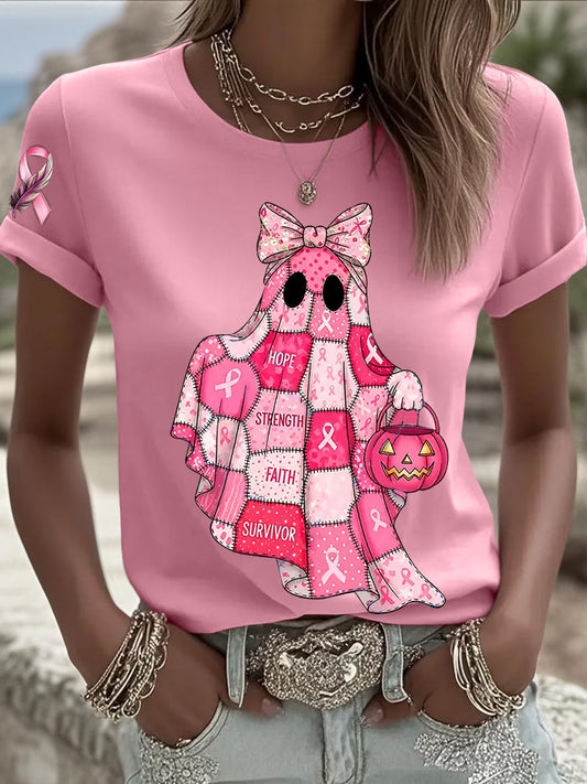 Women's Breast Cancer Awareness In October We Wear Pink Ghost Pink Ribbon Short Sleeve T-shirt