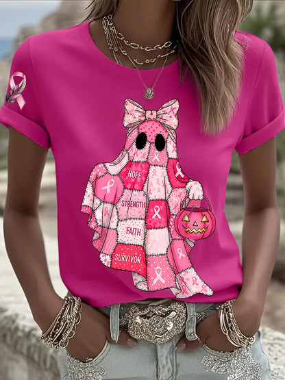 Women's Breast Cancer Awareness In October We Wear Pink Ghost Pink Ribbon Short Sleeve T-shirt