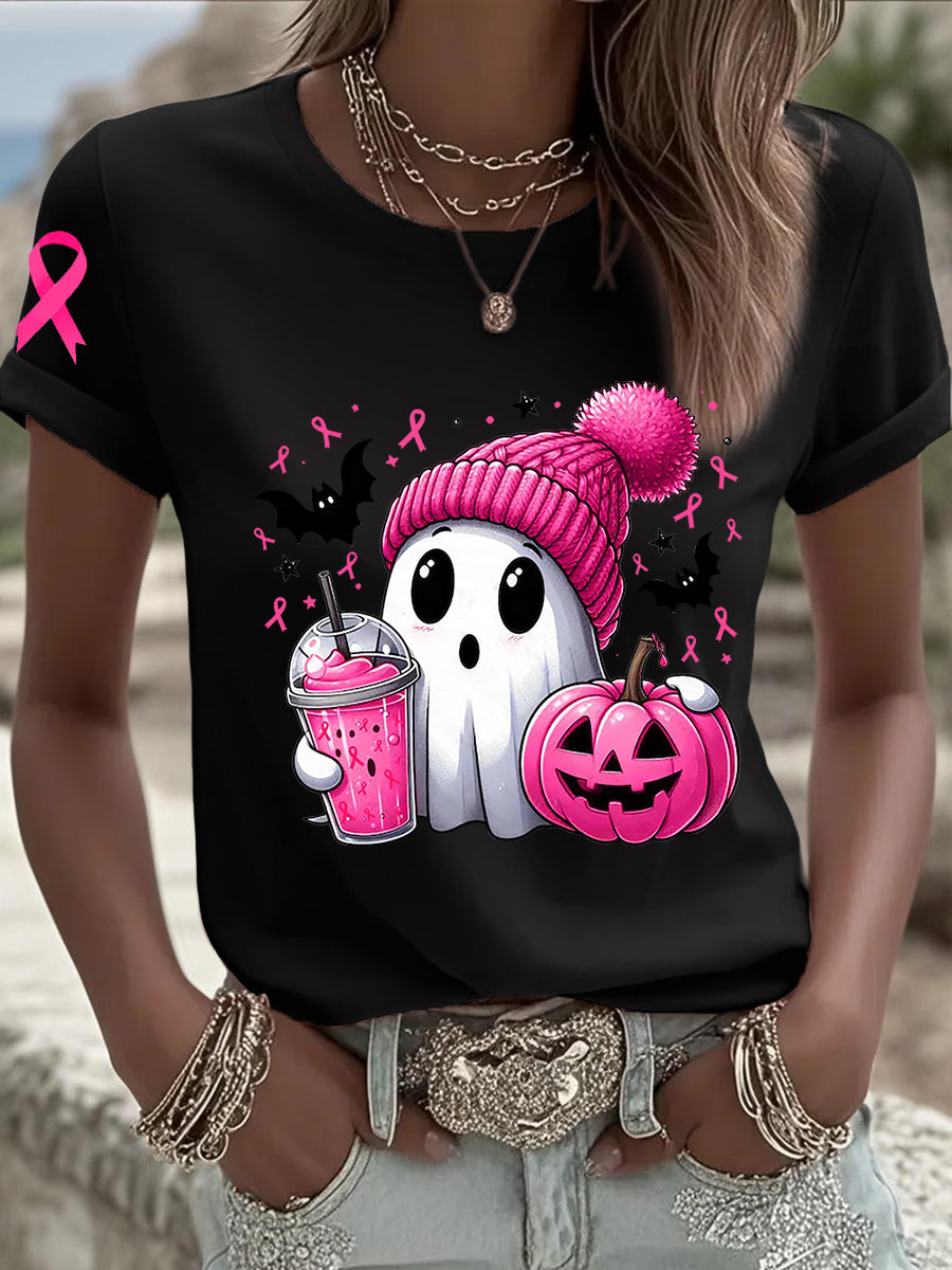 Women's Breast Cancer Awareness In October We Wear Pink Ghost Pink Ribbon Short Sleeve T-shirt