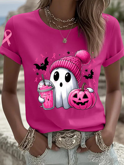 Women's Breast Cancer Awareness In October We Wear Pink Ghost Pink Ribbon Short Sleeve T-shirt