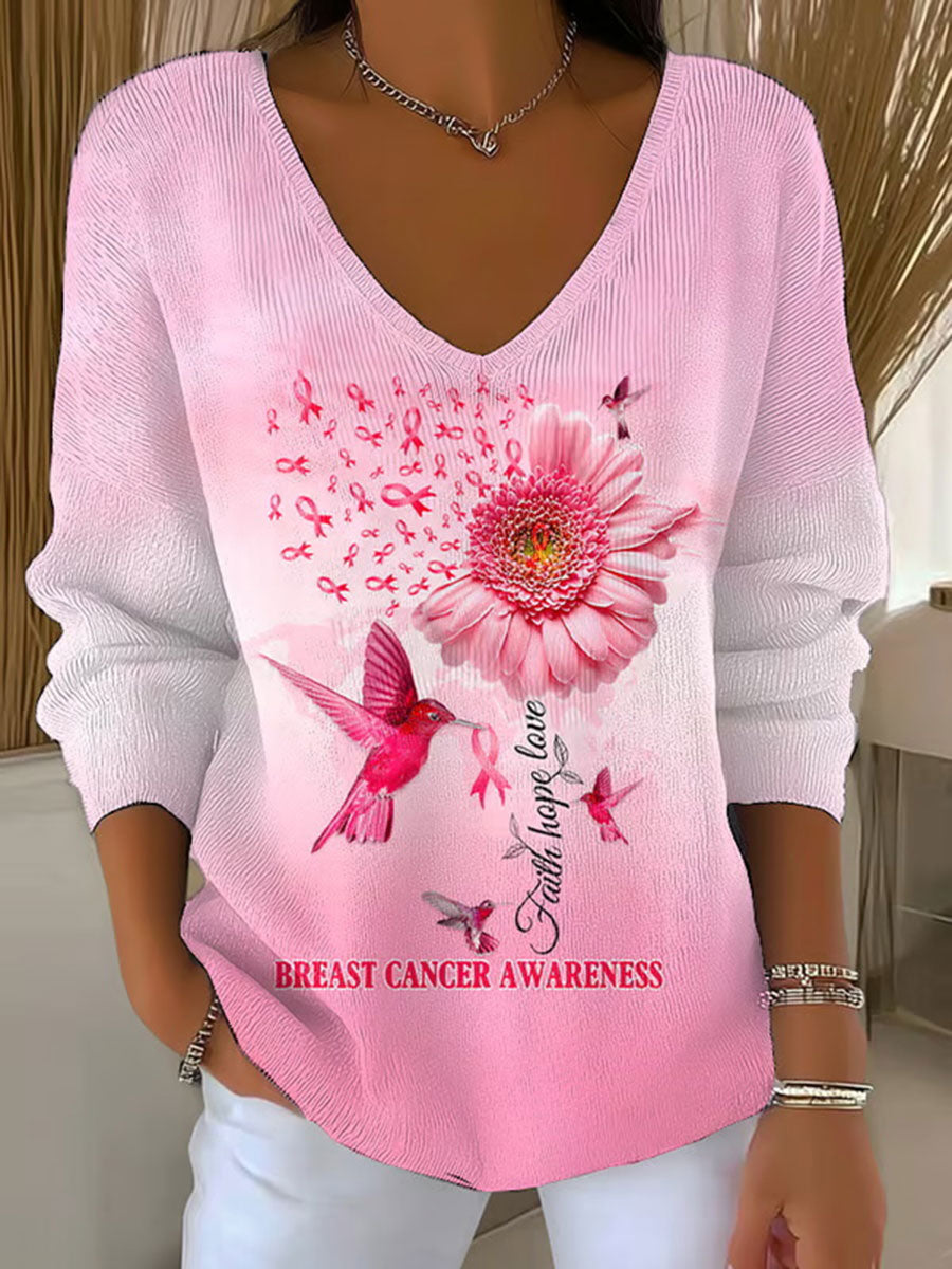 Women's Breast Cancer Awareness Pink Ribbon Print Casual Top