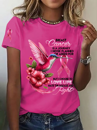 Women's Breast Cancer Awareness Hummingbird Print Casual T-Shirt