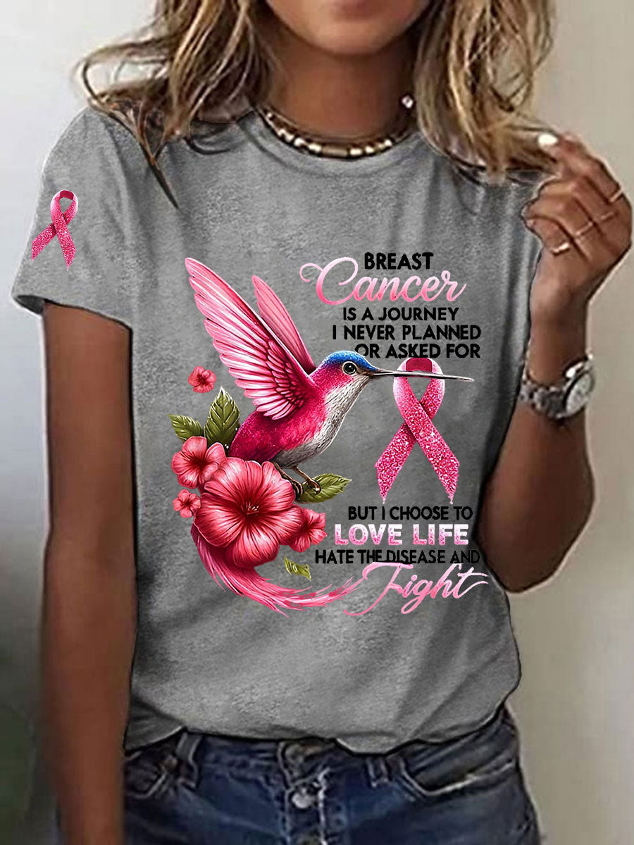 Women's Breast Cancer Awareness Hummingbird Print Casual T-Shirt