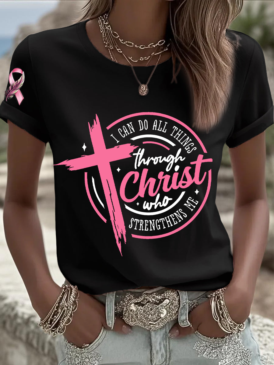 Women's Breast Cancer Awareness I Can Do All Things Through Christ Pink Ribbon T-shirt