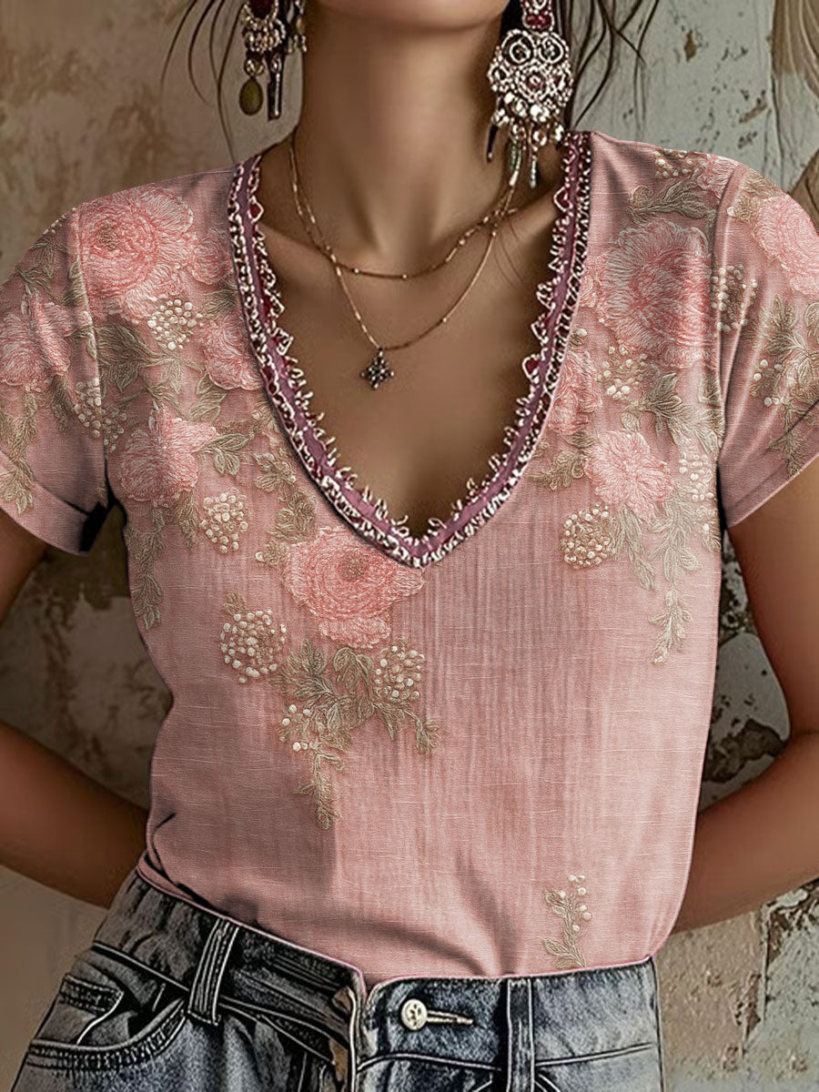 Women's Pink Floral Print Casual T-Shirt