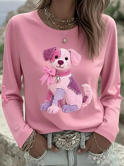 Women's Pink Dog Pink Ribbon Breast Cancer Awareness Support Long-Sleeve T-shirt