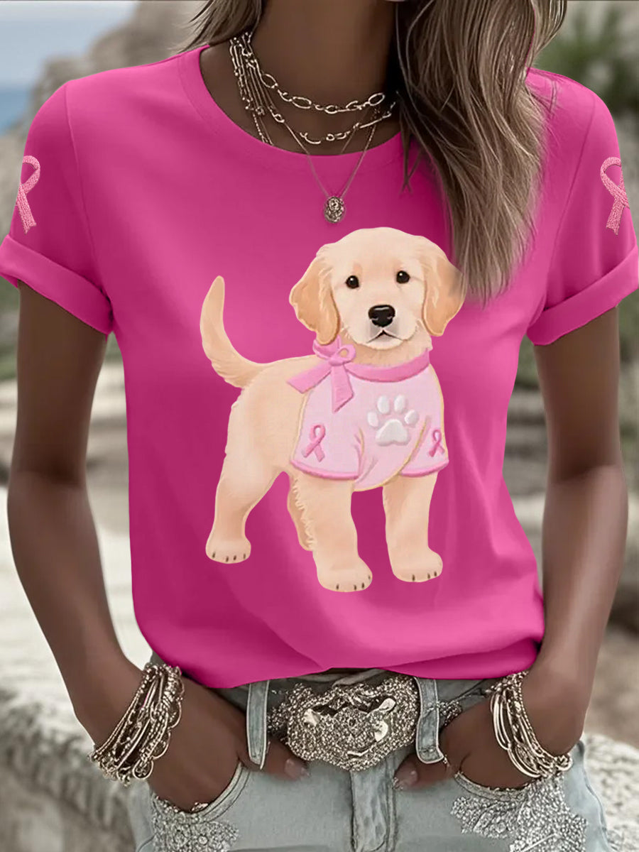 Women's Pink Dog Pink Ribbon Breast Cancer Awareness Support Tee