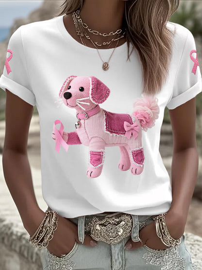 Women's Pink Dog Pink Ribbon Breast Cancer Awareness Support Tee