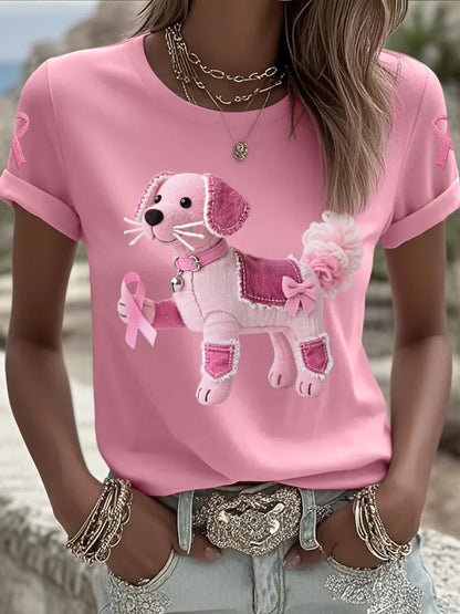 Women's Pink Dog Pink Ribbon Breast Cancer Awareness Support Tee