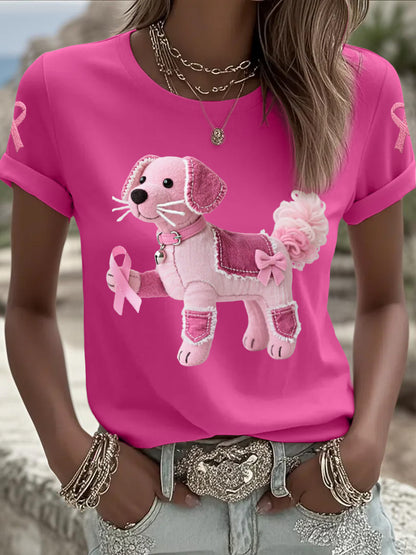 Women's Pink Dog Pink Ribbon Breast Cancer Awareness Support Tee