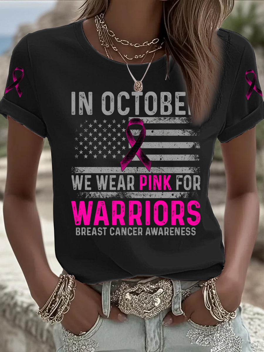 Women's In October We Wear Pink For Warriors Breast Cancer Awareness Short Sleeve T-Shirt