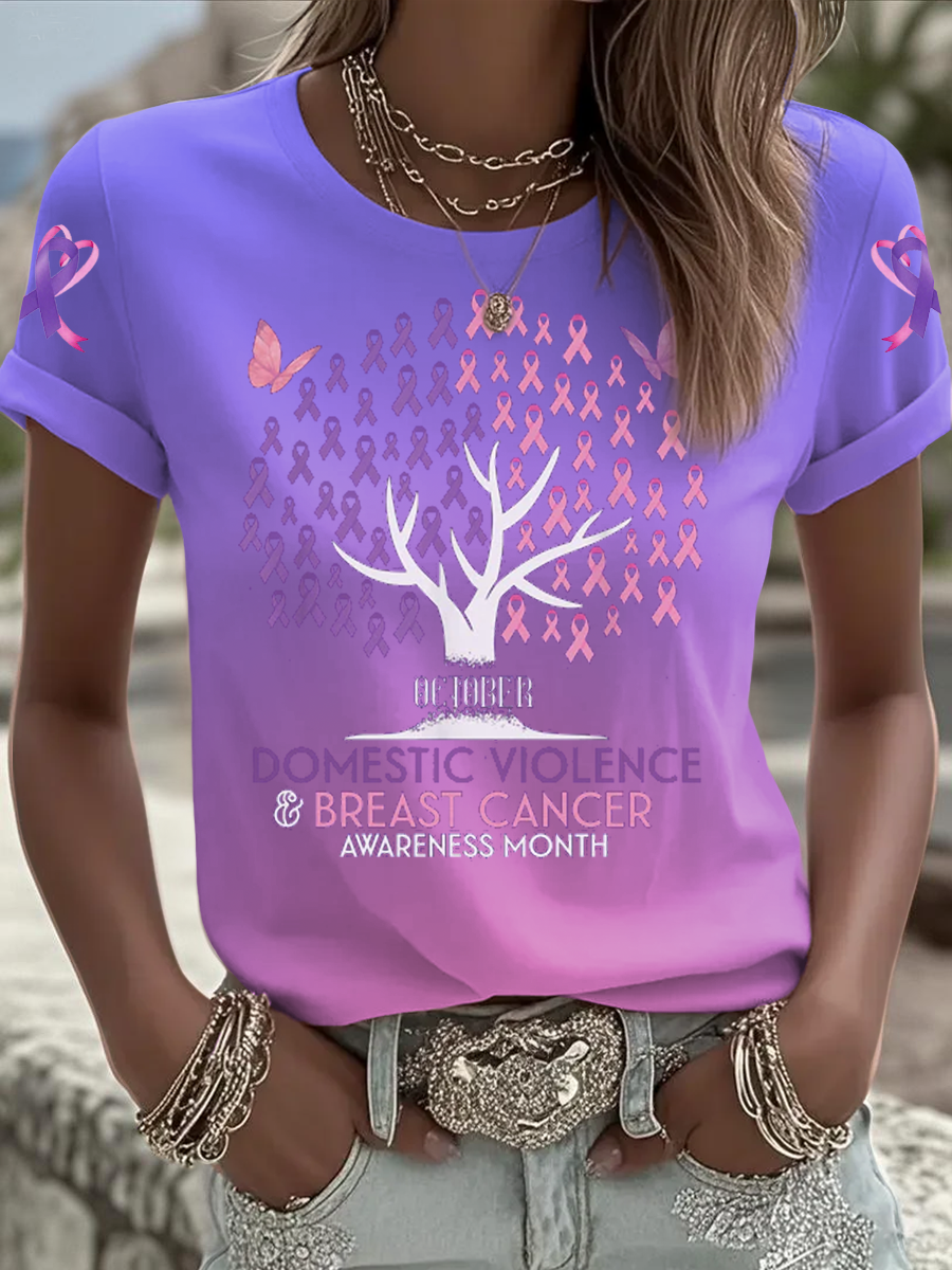 Women's Breast cancer domestic violence awareness Printed short-sleeved T-shirt