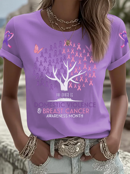 Women's Breast cancer domestic violence awareness Printed short-sleeved T-shirt