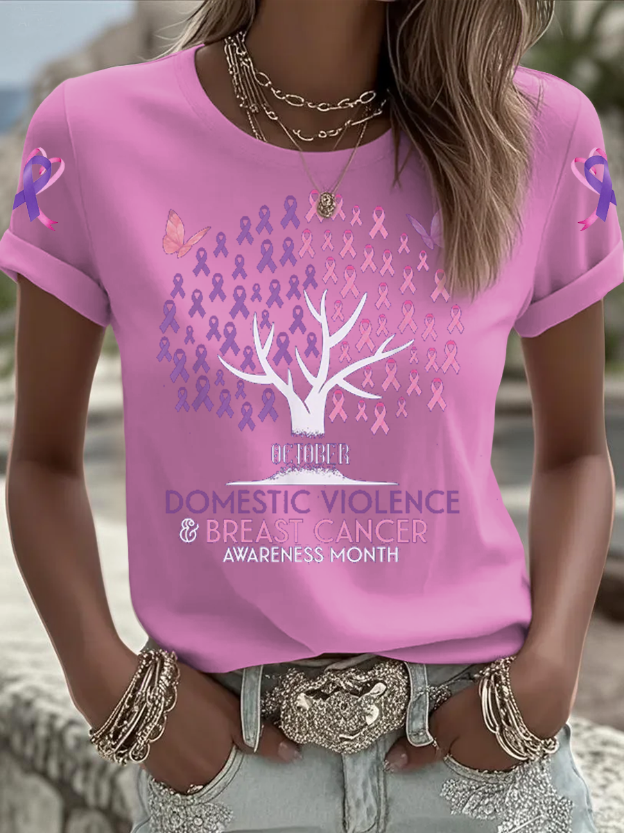 Women's Breast cancer domestic violence awareness Printed short-sleeved T-shirt
