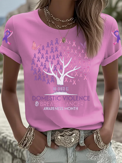 Women's Breast cancer domestic violence awareness Printed short-sleeved T-shirt