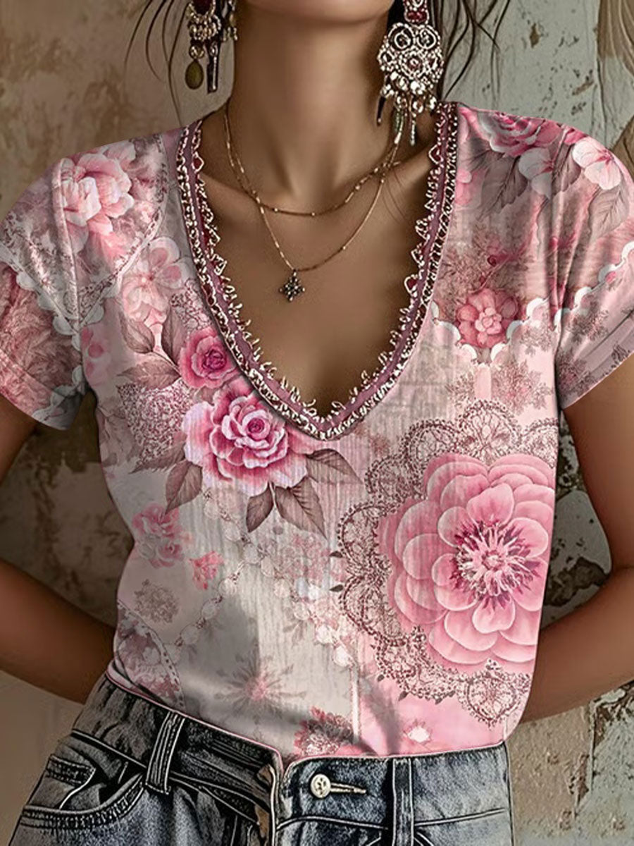 Women's Pink Floral Print Casual T-Shirt