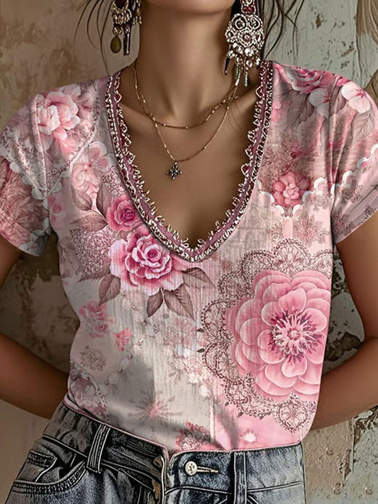 Women's Pink Floral Print Casual T-Shirt