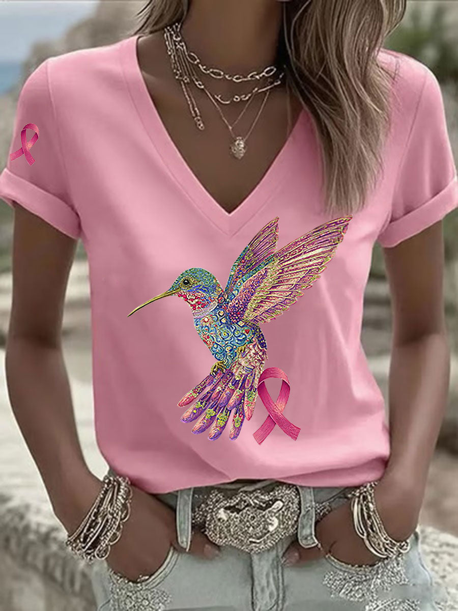 Women's Pink Hummingbird Print T-shirt