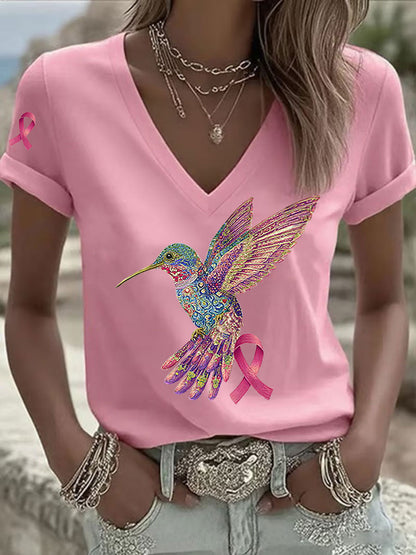 Women's Pink Hummingbird Print T-shirt