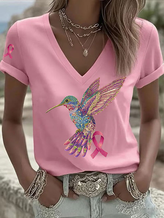 Women's Pink Hummingbird Print T-shirt