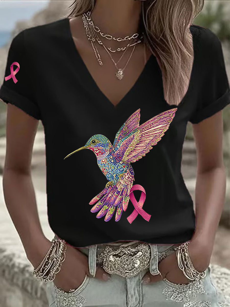 Women's Pink Hummingbird Print T-shirt