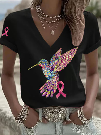 Women's Pink Hummingbird Print T-shirt