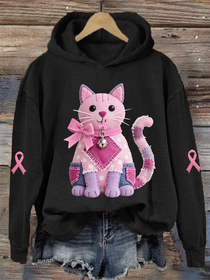 Women's Pink Cat Pink Ribbon Breast Cancer Awareness Support Sweatshirt