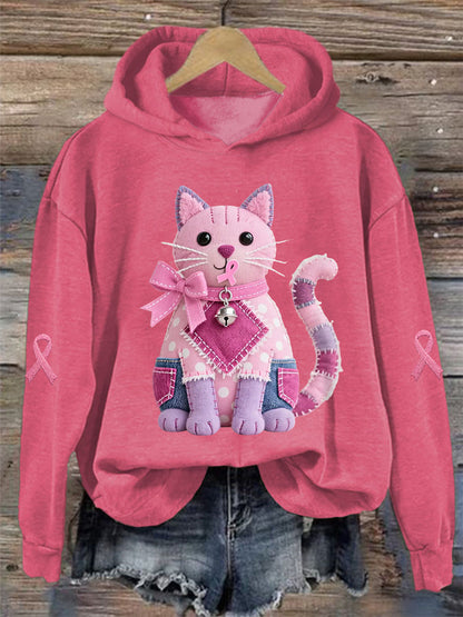 Women's Pink Cat Pink Ribbon Breast Cancer Awareness Support Sweatshirt