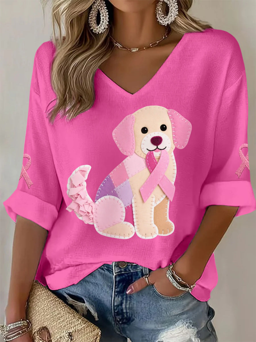 Women's Pink Dog Pink Ribbon Breast Cancer Awareness Support Long-Sleeve T-shirt