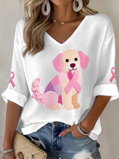 Women's Pink Dog Pink Ribbon Breast Cancer Awareness Support Long-Sleeve T-shirt