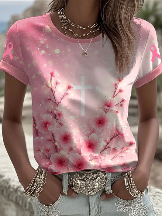 Women's Cross Cherry Blossom Pink Breast Cancer Awareness T-Shirt