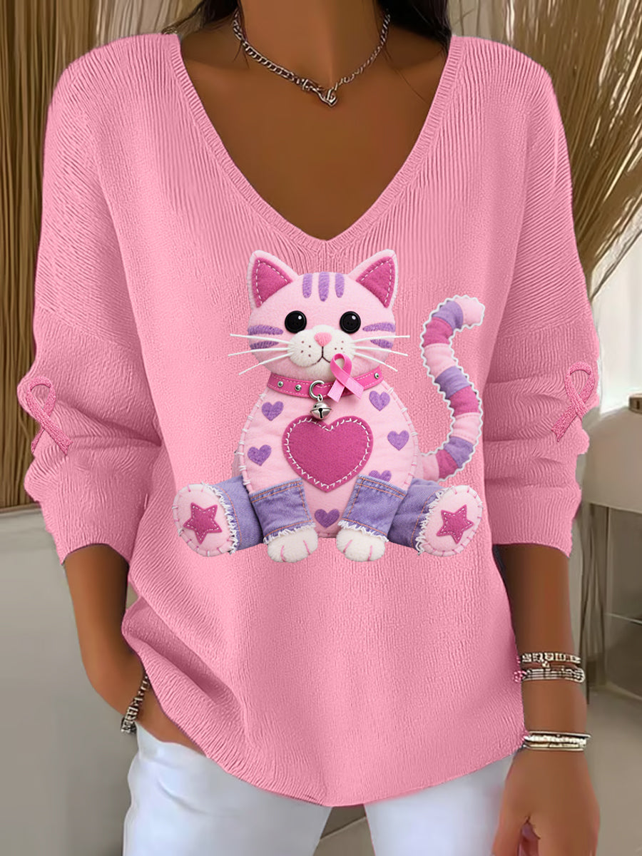 Women's Pink Cat Pink Ribbon Breast Cancer Awareness Support Long-Sleeve Top