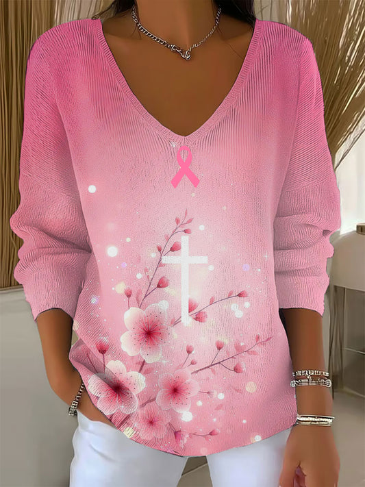 women's cross cherry blossom pink breast cancer awareness long sleeve top